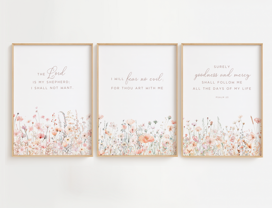 Christian nursery wall art featuring a Bible scripture among pink and sage flowers in a wall decor set of 3. Girl nursery wall art for baby girl room.
