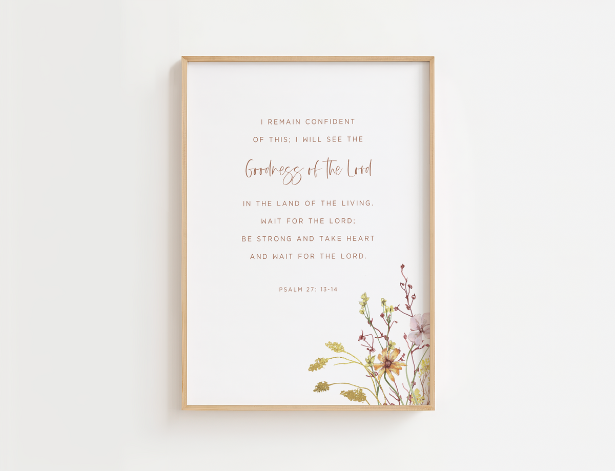 Psalm 27 wall art with colorful wildflowers and Christian Bible verse