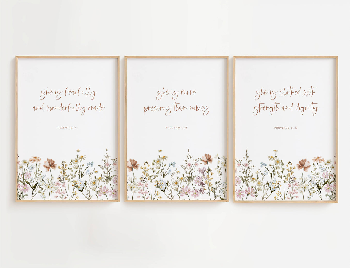 Christian Nursery Bible Verse Wall Art with Flowers in three framed prints
