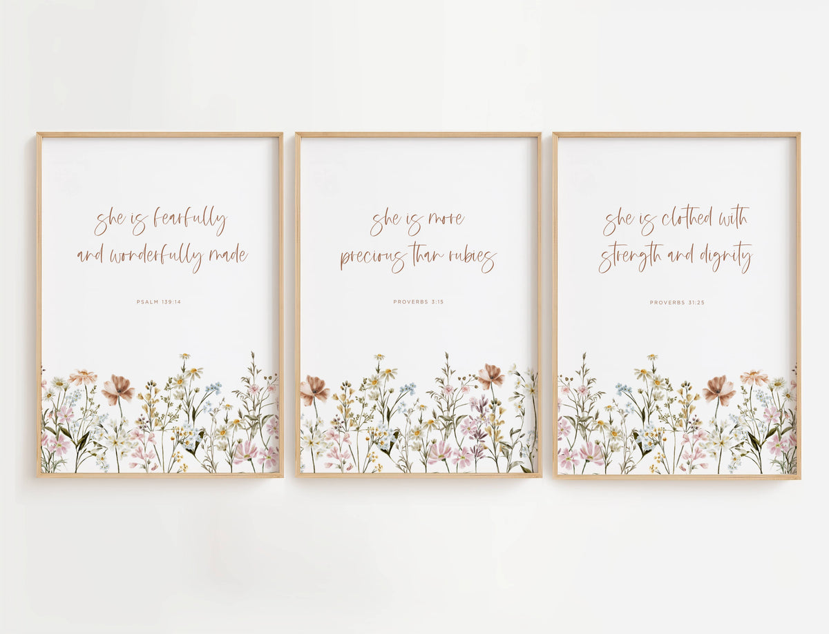 Christian Nursery Bible Verse Wall Art with Flowers in three framed prints