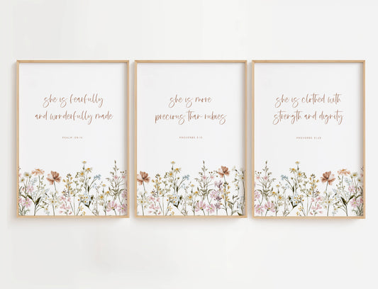 Christian Nursery Bible Verse Wall Art with Flowers in three framed prints