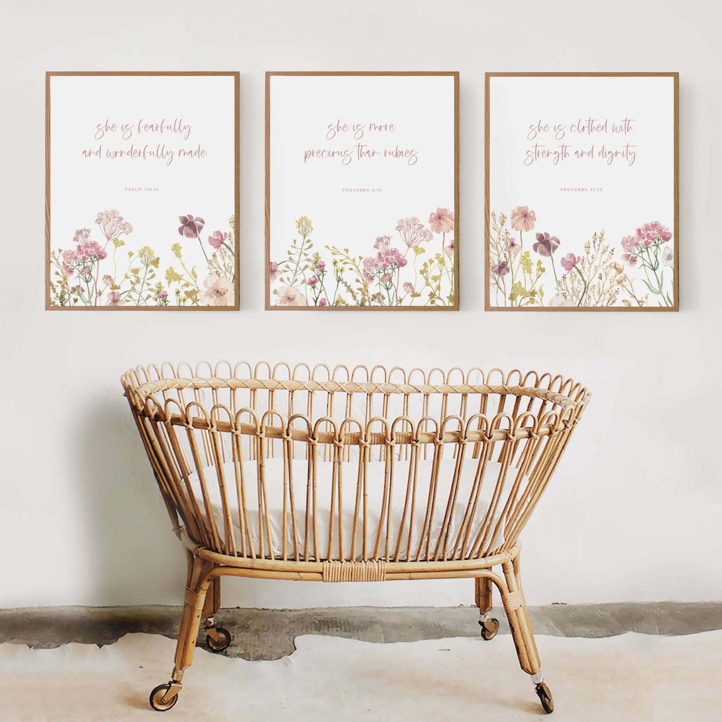 Christian nursery wall art with bible verse and flowers set of 3