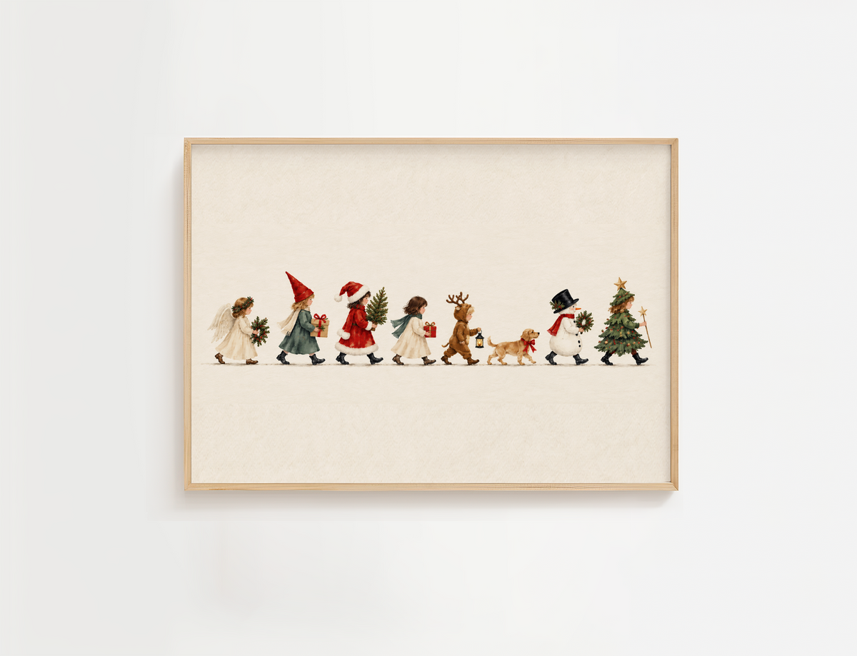 Vintage Christmas wall art featuring a whimsical watercolor parade of children dressed as an angel, Santa, reindeer, snowman, and Christmas tree with a small dog.