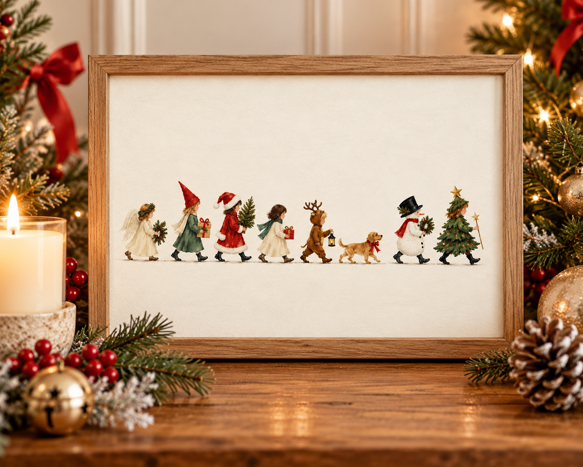 Vintage Christmas wall art featuring a whimsical watercolor parade of children dressed as an angel, Santa, reindeer, snowman, and Christmas tree with a small dog. Placed on a mantel with candles and pinecones. 