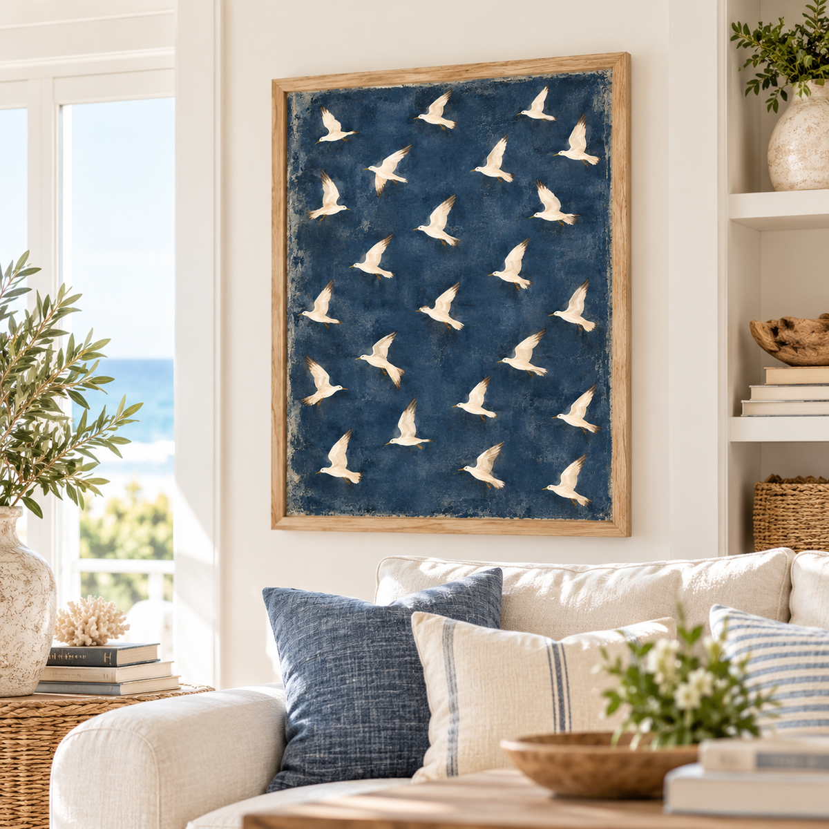 Navy blue seagull wall art in a natural wood frame above a cream sofa in a bright coastal living room with blue pillows and ocean-inspired decor.