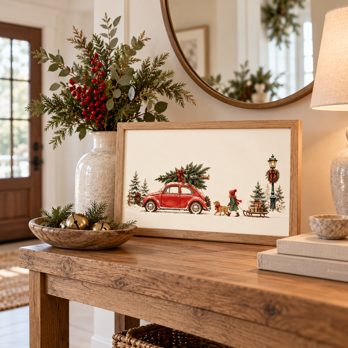 Vintage Christmas wall art featuring a red VW Beetle with a Christmas tree, child, golden dog and gift-filled sled in snow. Natural wood frame on entry way.