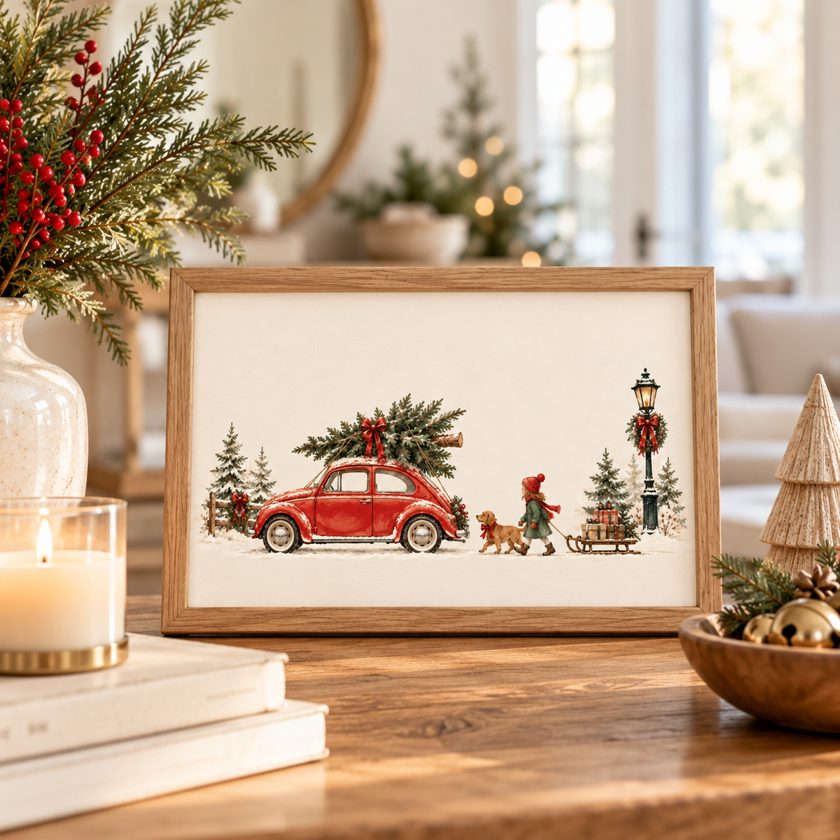 Vintage Christmas wall art featuring a red VW Beetle with a Christmas tree, child, golden dog and gift-filled sled in snow. Natural wood frame on entryway table.