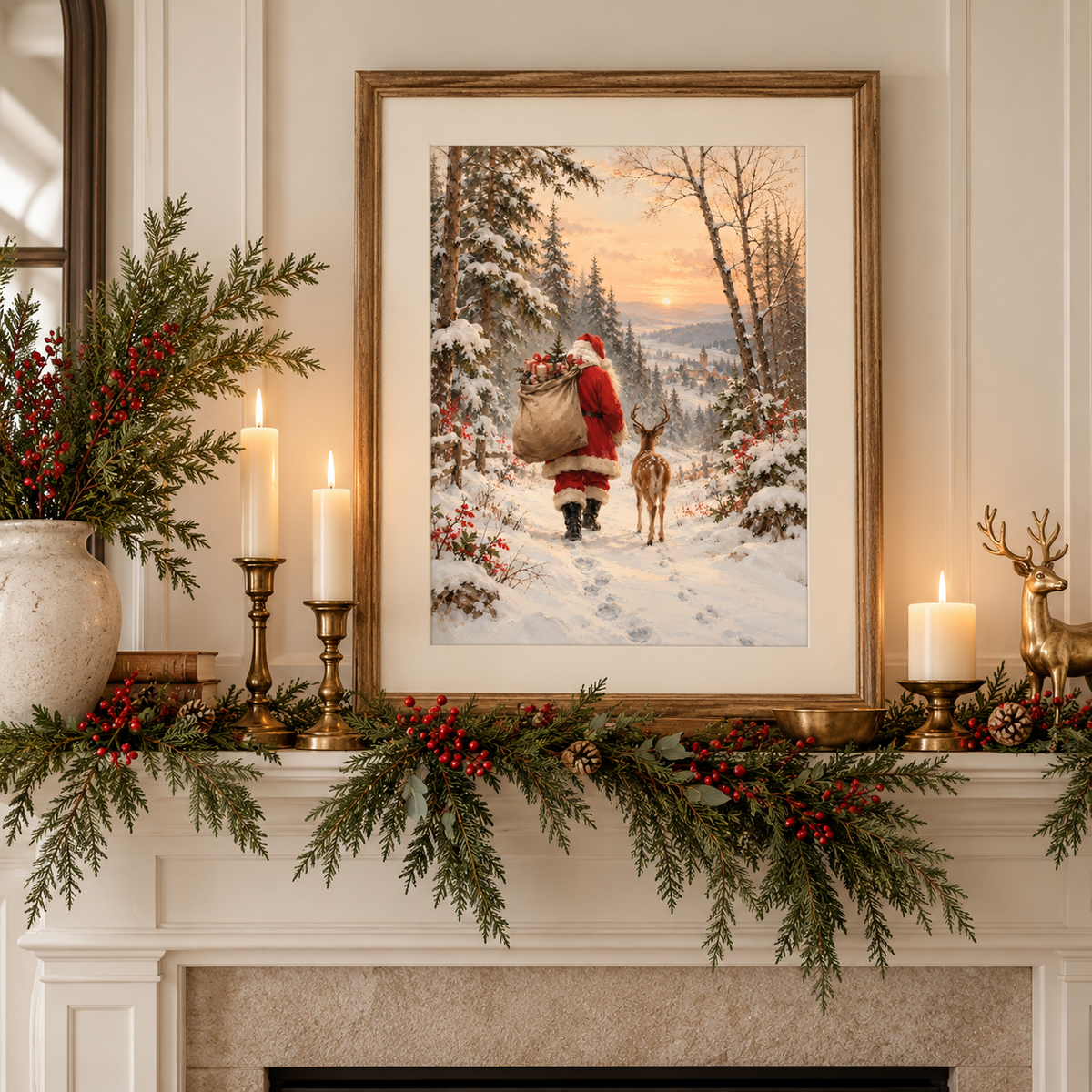 Santa and reindeer Christmas print in a natural wood frame resting on a fireplace mantel decorated with evergreen garland, candles, and holiday ornaments.