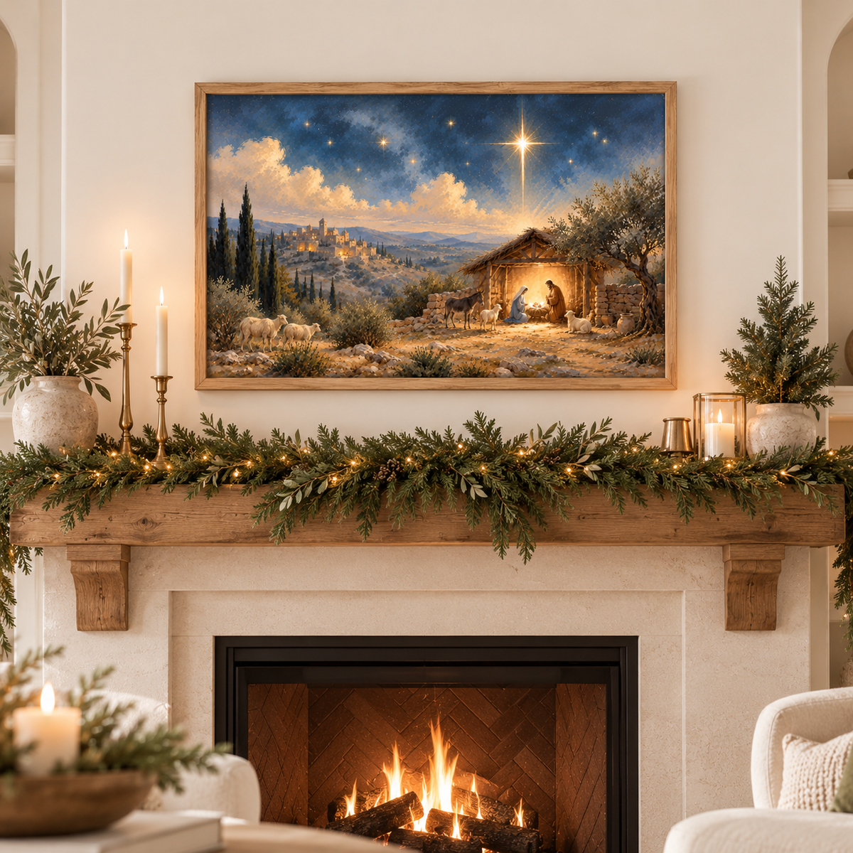 Star of Bethlehem Christmas print in a natural wood frame displayed above a fireplace with evergreen garland and candles.