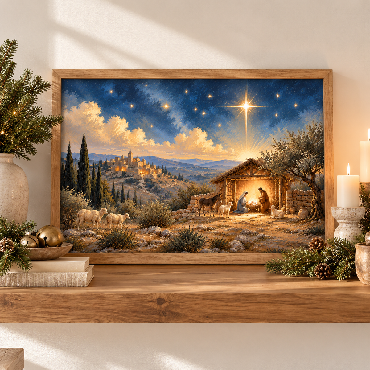 Vintage-inspired nativity wall art in a natural oak frame resting on a wooden shelf with Christmas greenery, books, and candles.