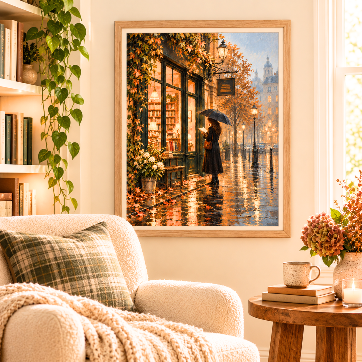 Vintage bookstore wall art featuring a cozy rainy autumn street scene, displayed in a natural wood frame with white matting above a reading nook chair, surrounded by bookshelves, warm fall decor, and soft natural light.