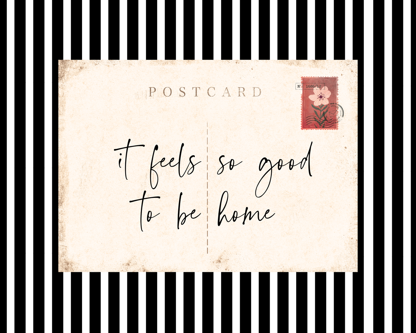 Entry way wall art featuring black and white stripes and a quote, It Feels so good to be home. Entry way welcome sign.