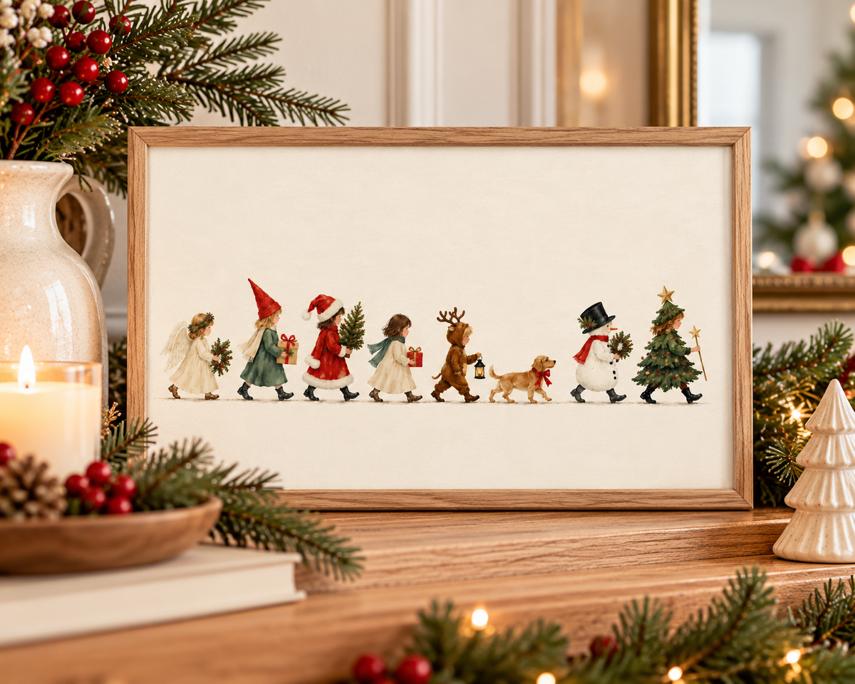 Vintage Christmas wall art featuring a whimsical watercolor parade of children dressed as an angel, Santa, reindeer, snowman, and Christmas tree with a small dog. Place on a mantel with garland and ornaments.