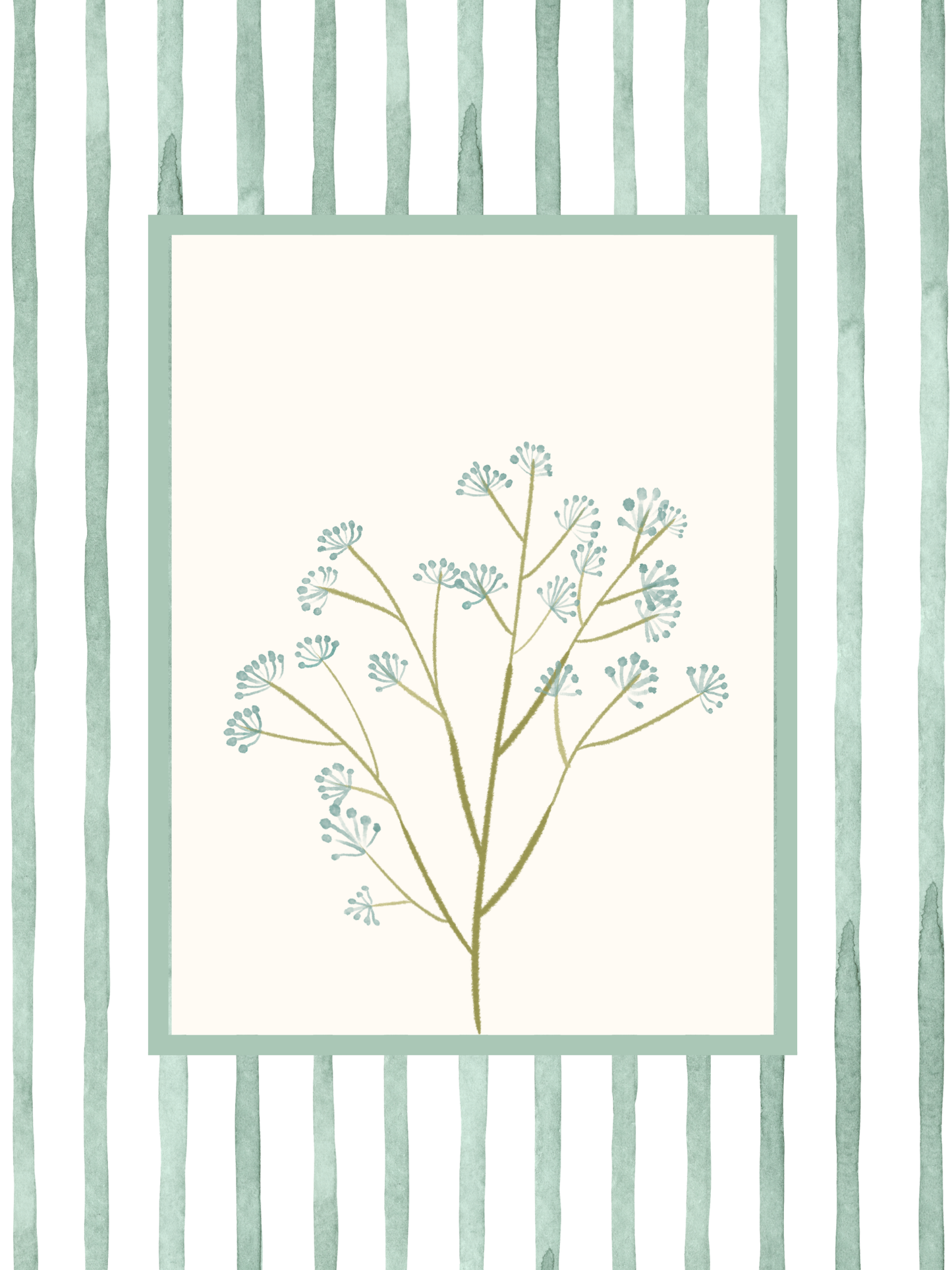 Flower bedroom wall art featuring delicate blue flowers with a green stripe boarder.