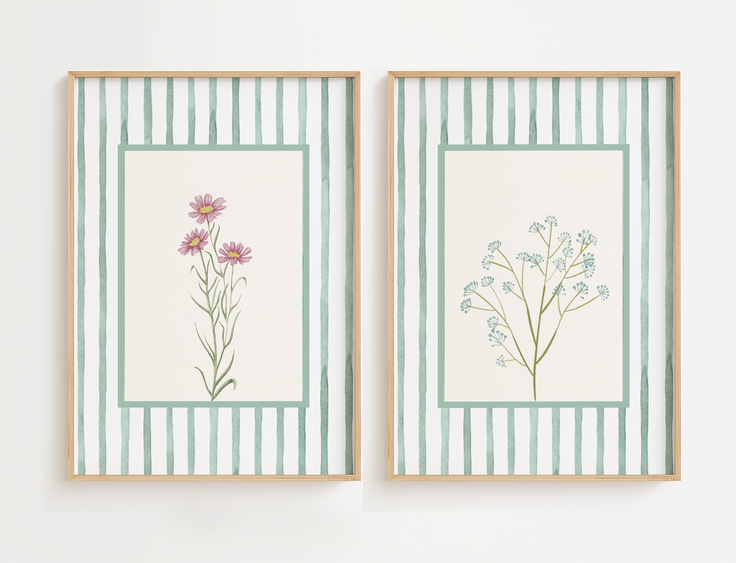 Flower bedroom wall art set featuring delicate blue and pink flowers with a green stripe boarder.