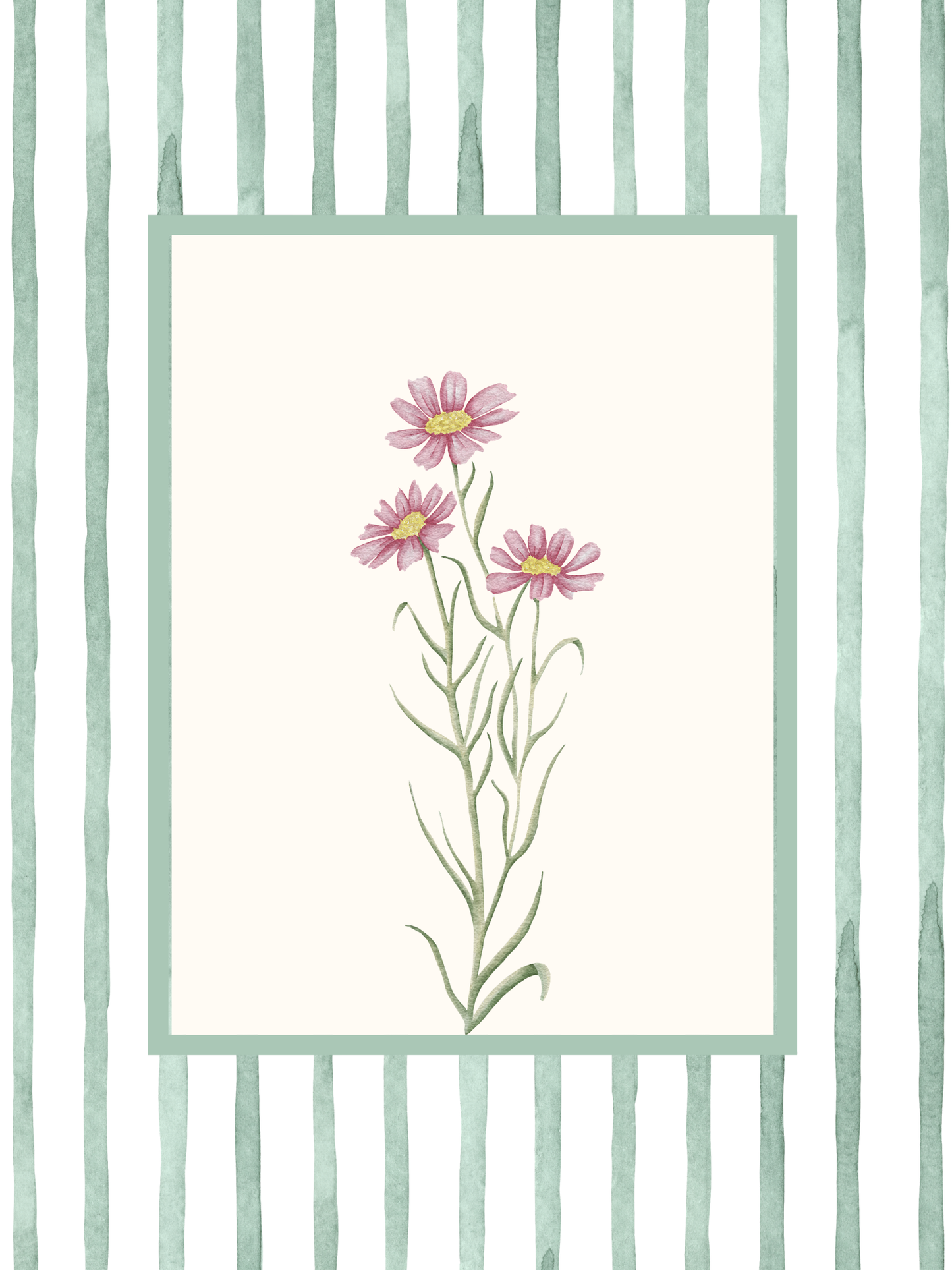 Flower bedroom wall art featuring delicate pink flowers with a green stripe boarder.