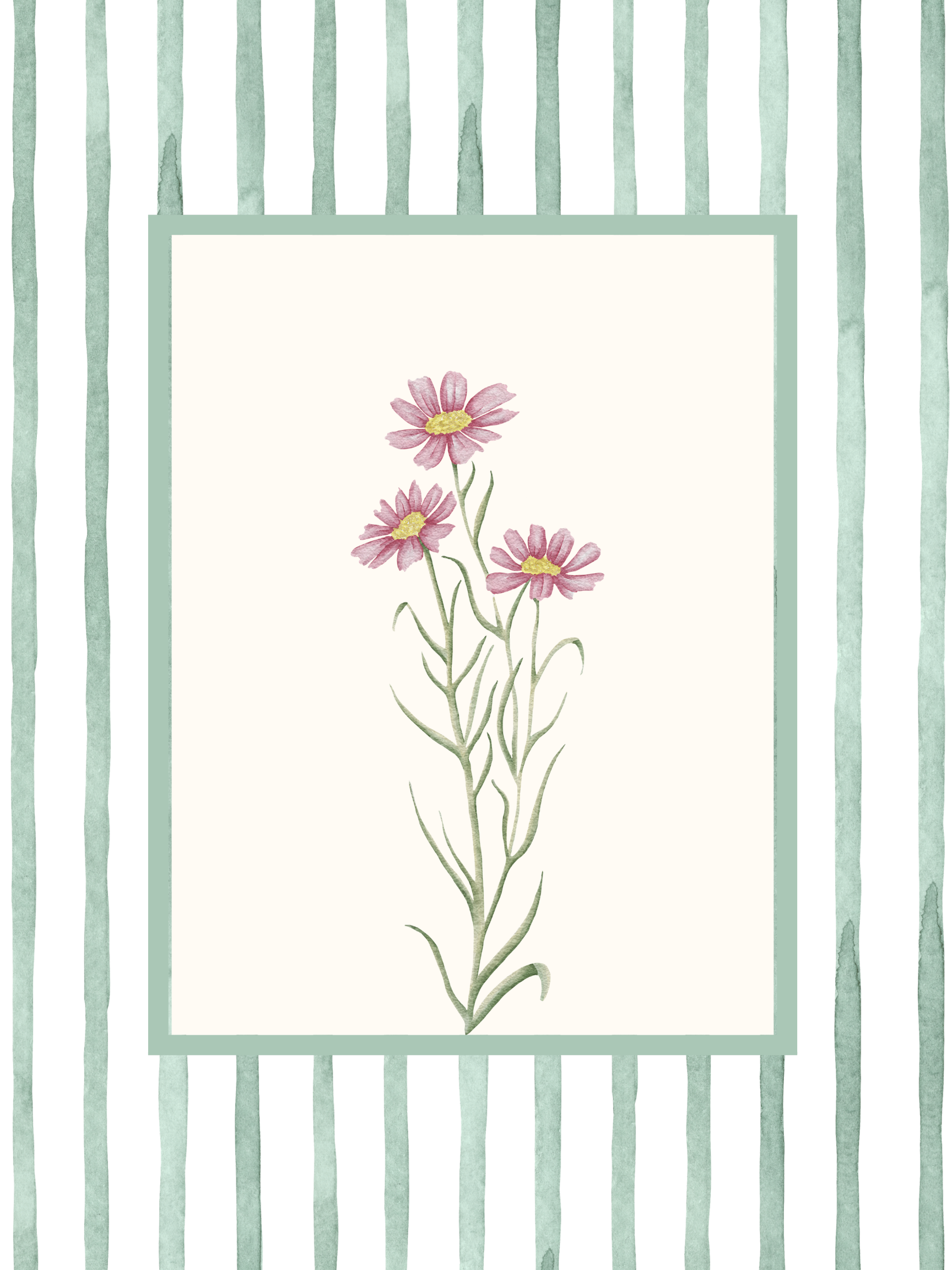 Flower bedroom wall art featuring delicate pink flowers with a green stripe boarder.