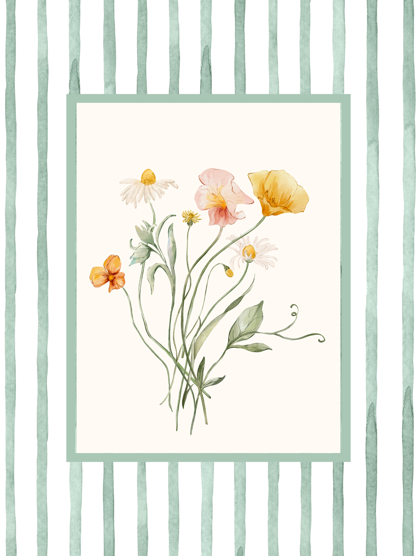 Flower living room wall art featuring pink, white and yellow flowers and bordered with green stripes.