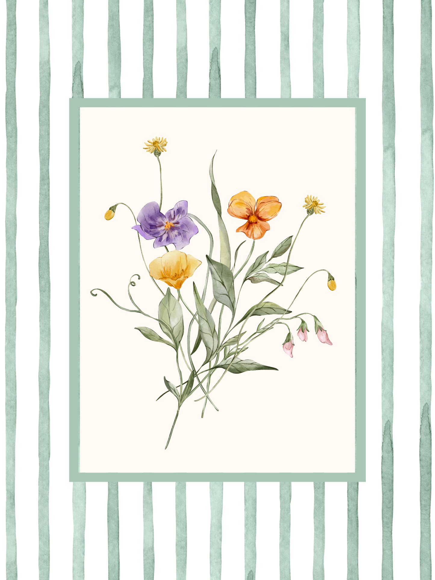 Flower living room wall art featuring pink, white and yellow flowers and bordered with green stripes.