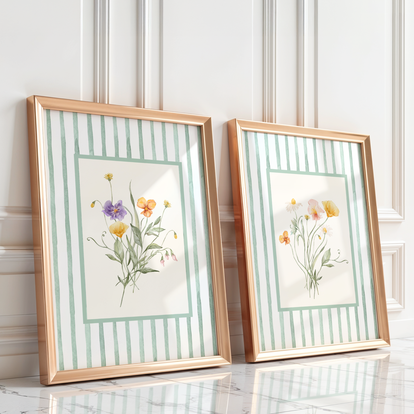 Flower living room wall art set featuring pink, white and yellow flowers and bordered with green stripes.