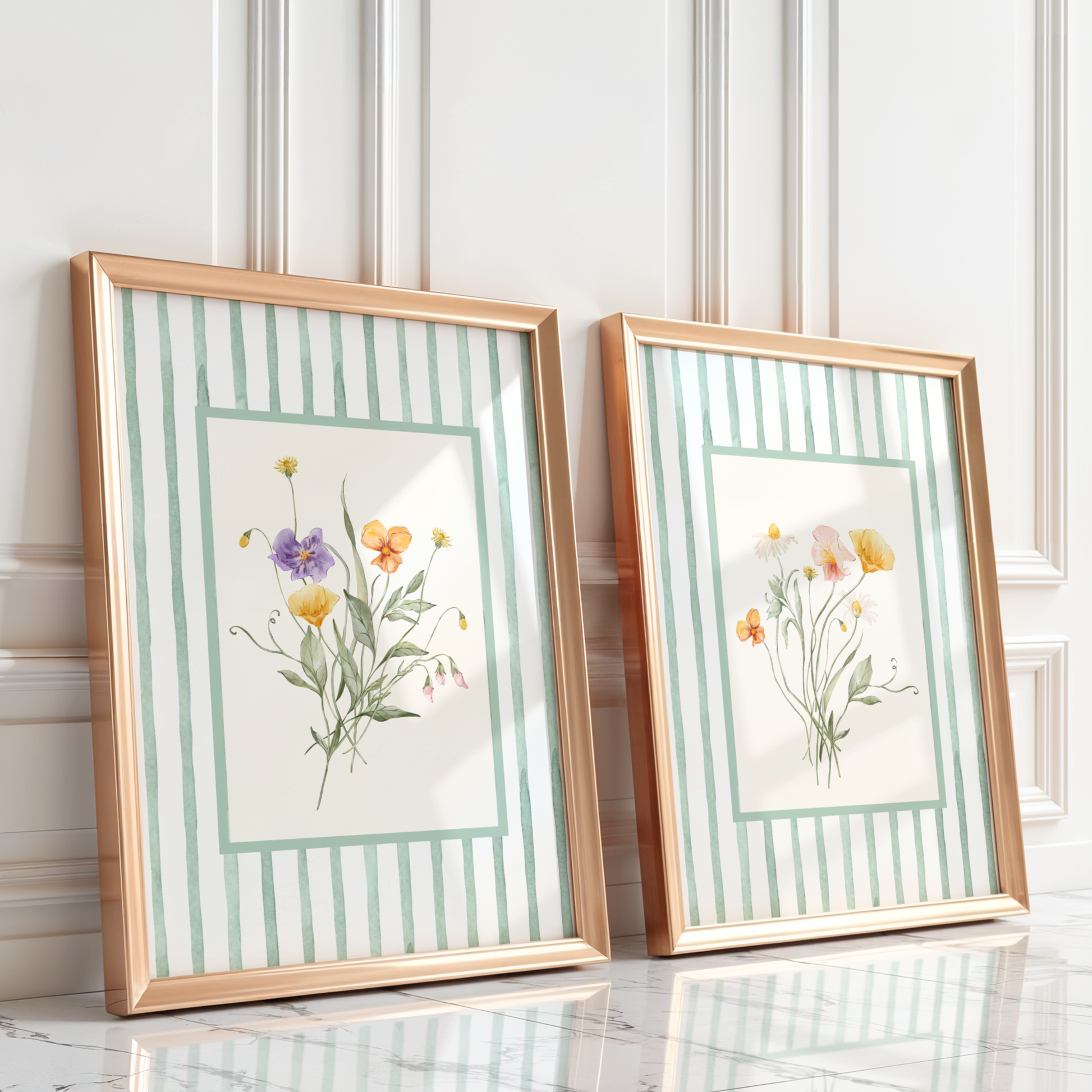 Flower living room wall art set featuring pink, white and yellow flowers and bordered with green stripes.