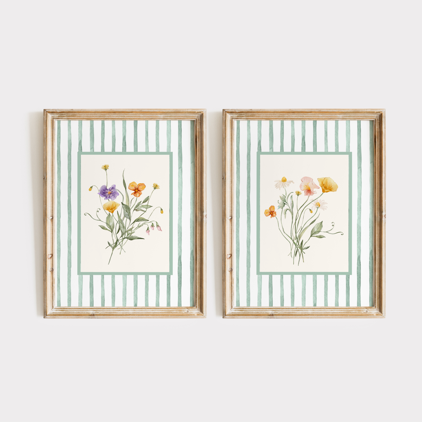 Flower living room wall art featuring pink, white and yellow flowers and bordered with green stripes.