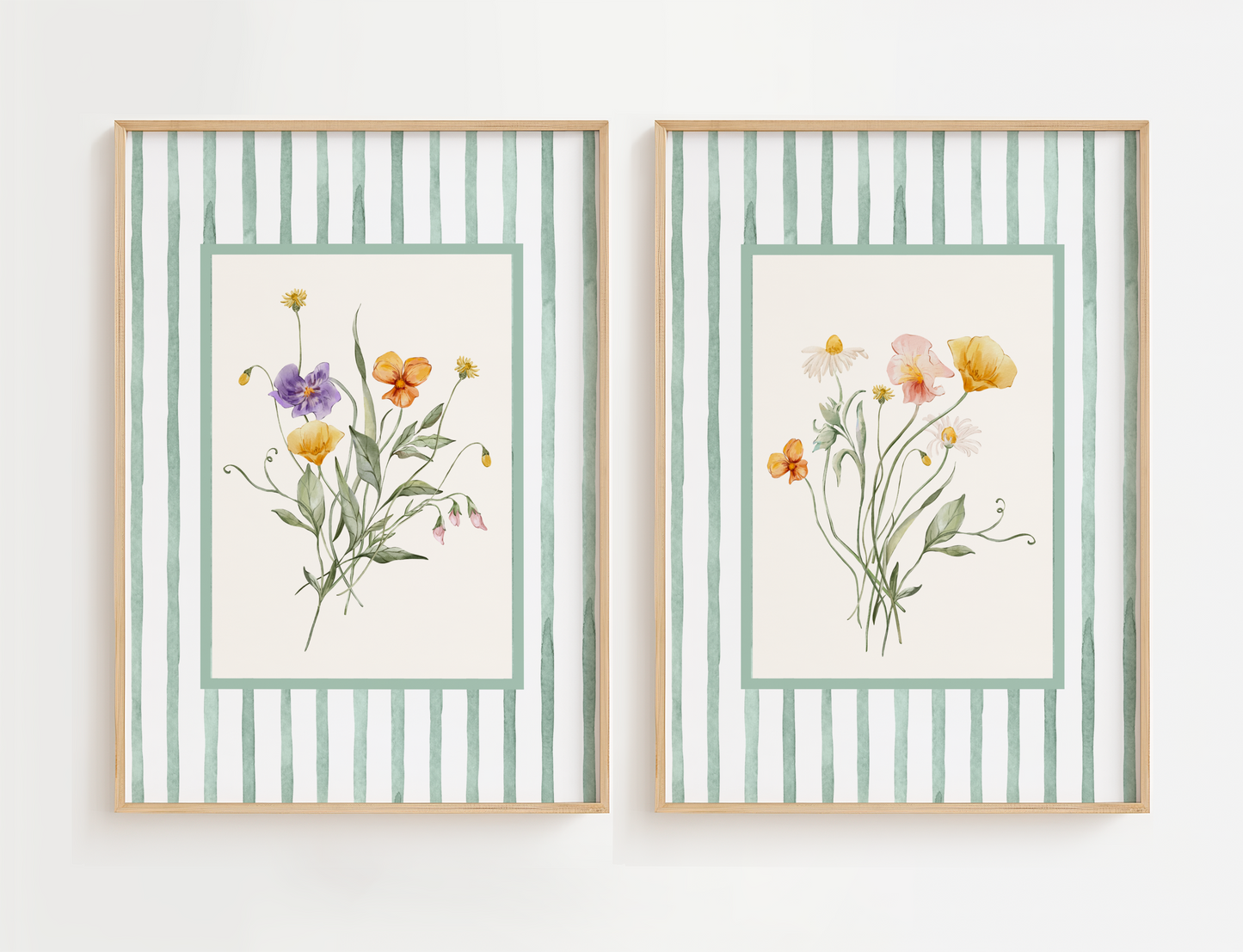 Flower living room wall art featuring pink, white and yellow flowers and bordered with green stripes.