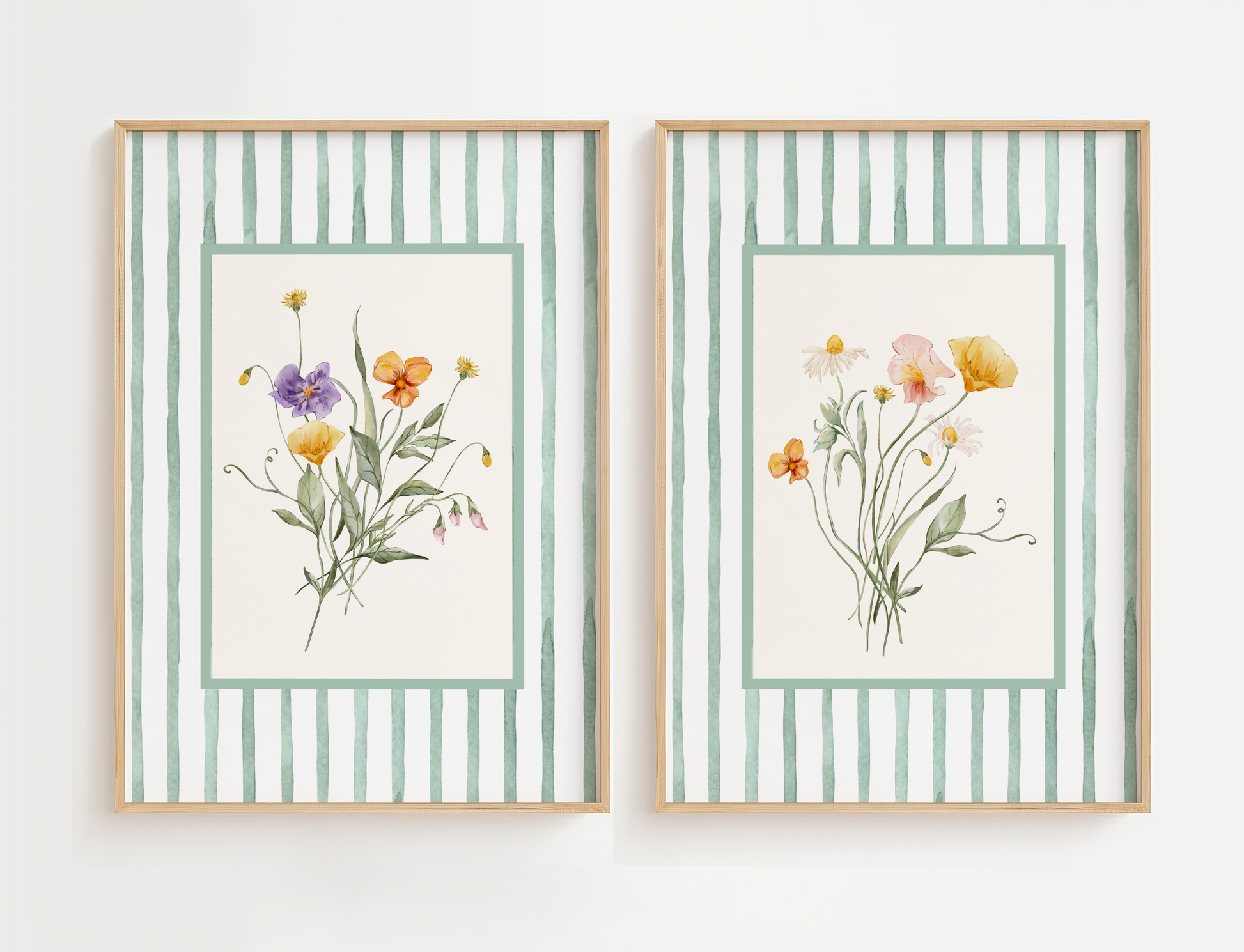 Flower living room wall art featuring pink, white and yellow flowers and bordered with green stripes.