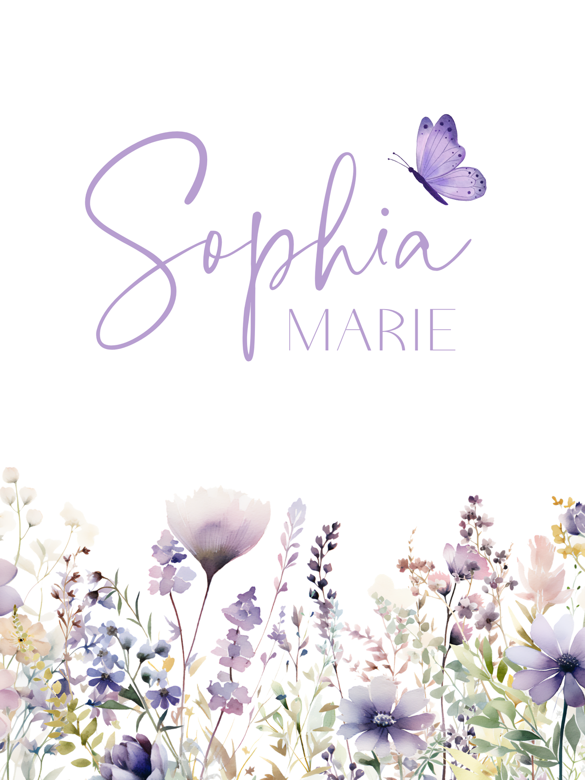 Flower nursery wall art featuring purple and sage flowers with butterfly and name sign. Nursery wall decor for baby girl room or toddler room.