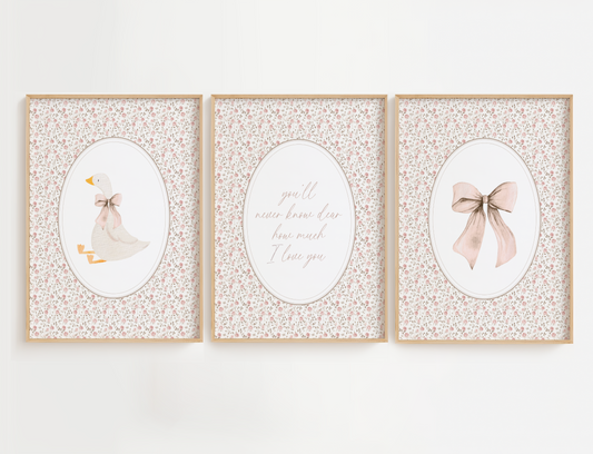 Flower nursery wall art featuring delicate pink and sage flowers, a vintage goose and pink bows. Girl nursery wall art set of 3.