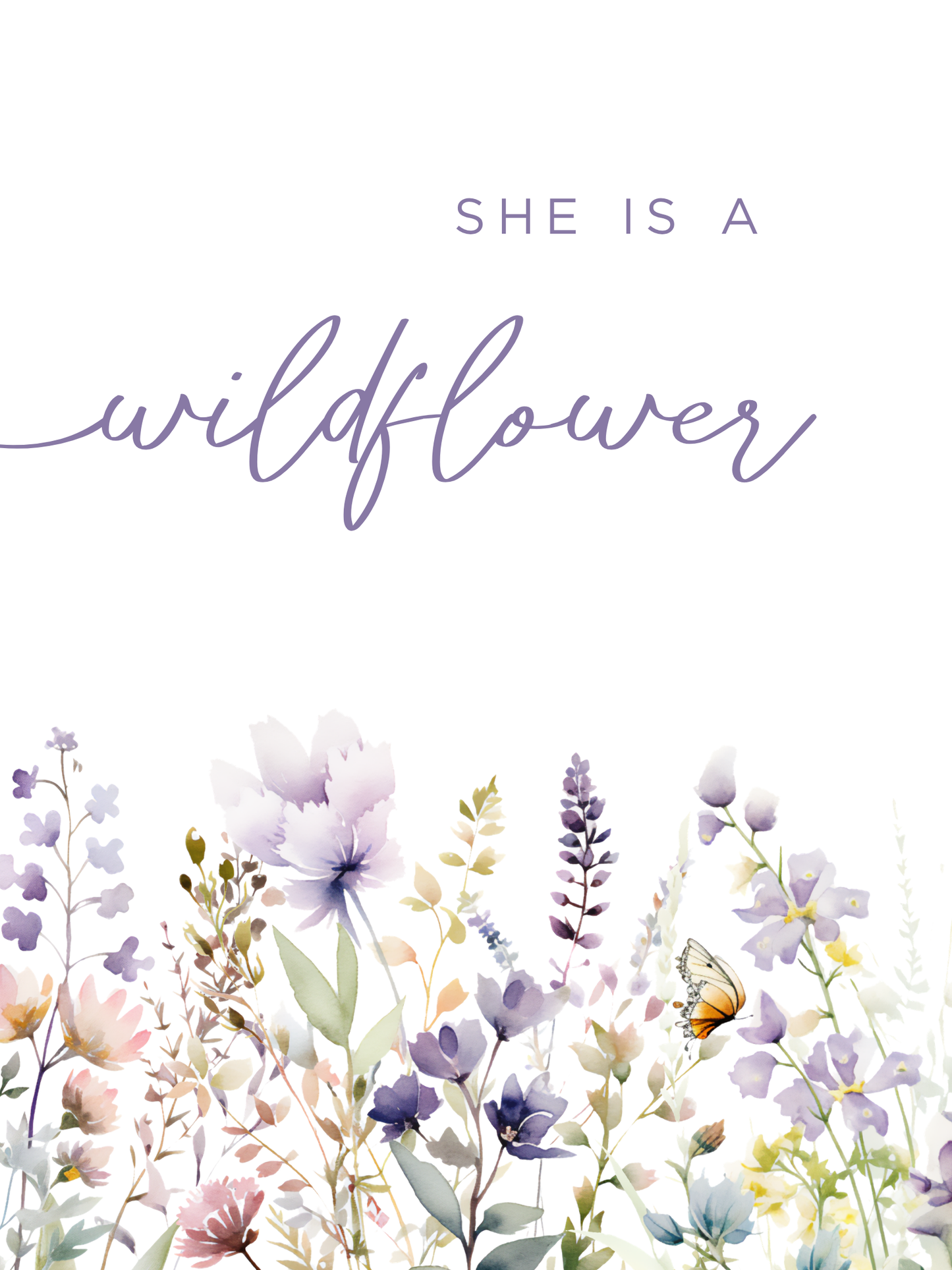 Flower nursery wall art featuring purple flowers and a nursery quote, In a Field of Roses, She is a Wildflower. Girl nursery wall art for baby girl room.