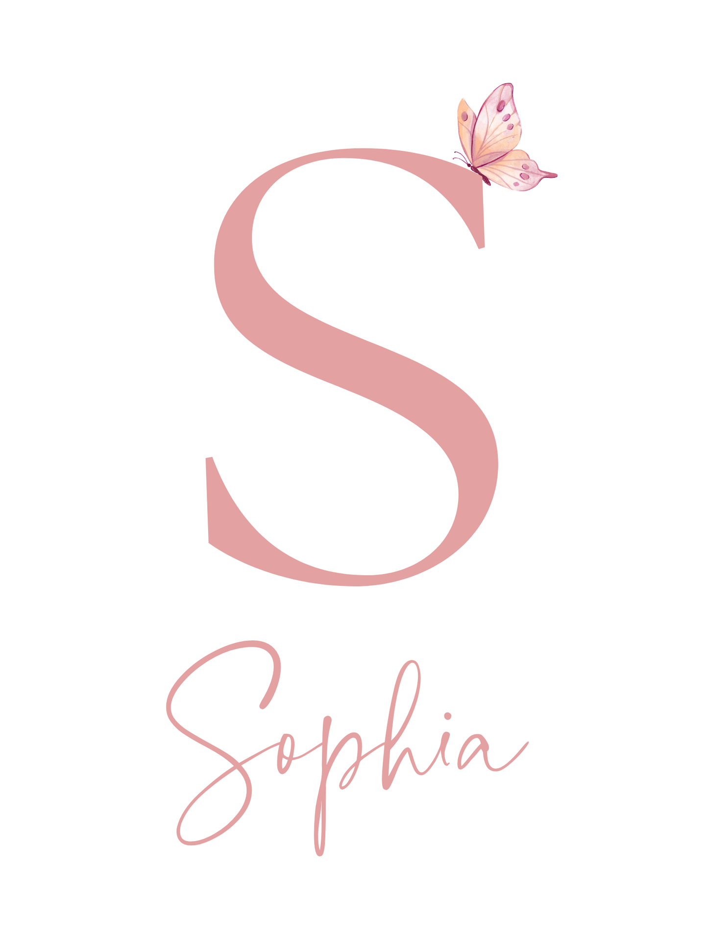Flower nursery wall art set featuring a personalized blush pink and sage name sign with flowers with butterflies. Girl nursery wall decor.