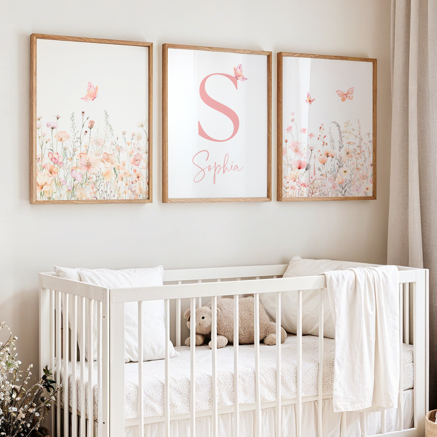 Flower nursery wall art set featuring a personalized name wall decor with blush pink and sage flowers. Girl nursery wall decor.