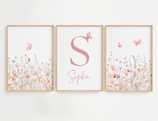 Flower nursery wall art featuring watercolor pink and sage florals and butterflies. Girl nursery wall art set of 3.