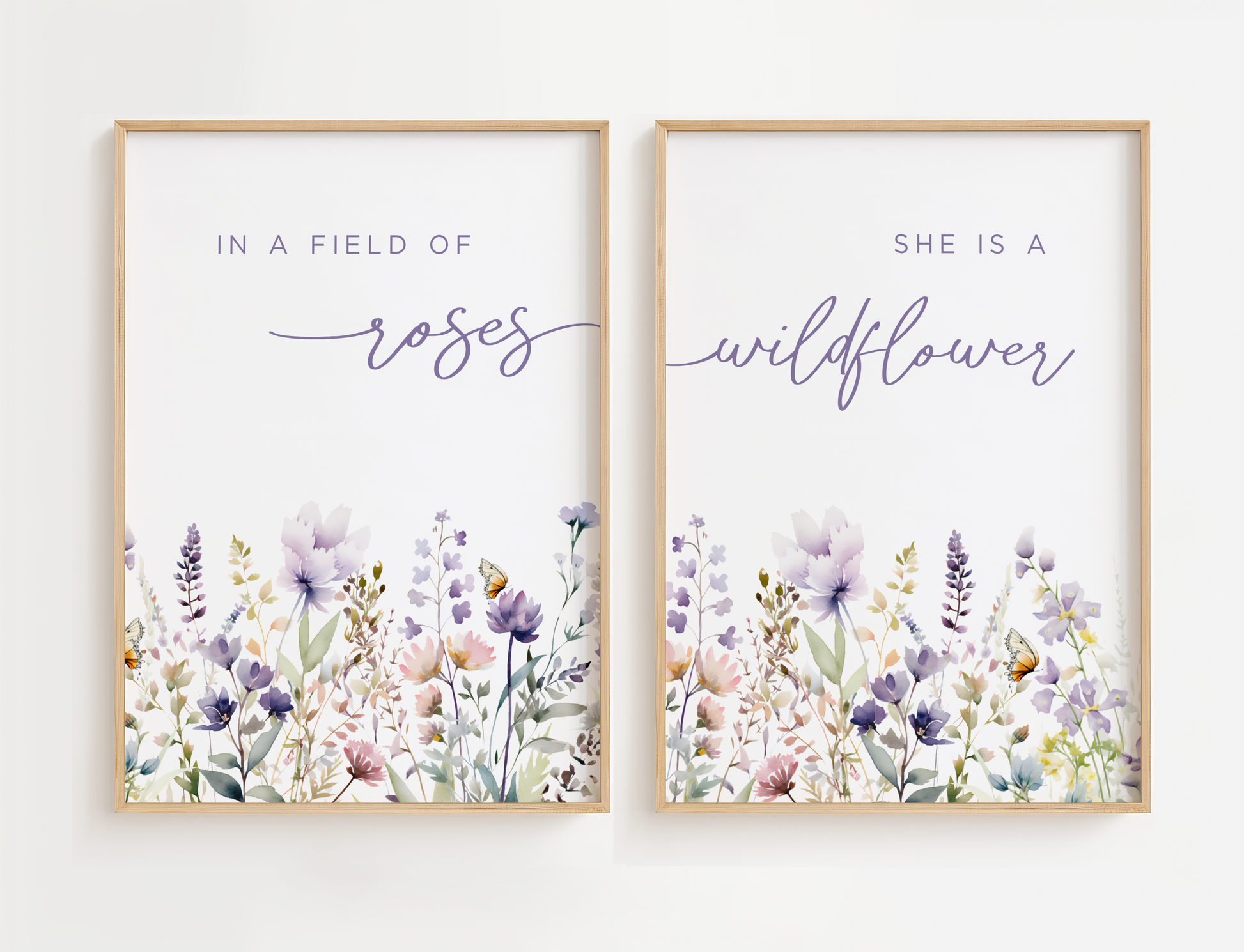Flower nursery wall art set featuring purple flowers and a nursery quote, In a Field of Roses, She is a Wildflower. Girl nursery wall art for baby girl room.