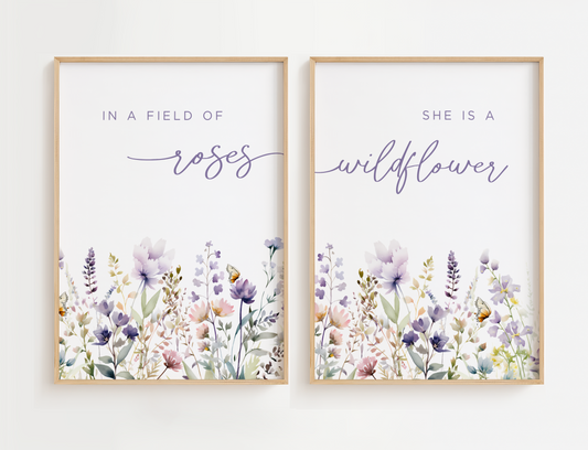 Flower nursery wall art set featuring purple flowers and a nursery quote, In a Field of Roses, She is a Wildflower. Girl nursery wall art for baby girl room.