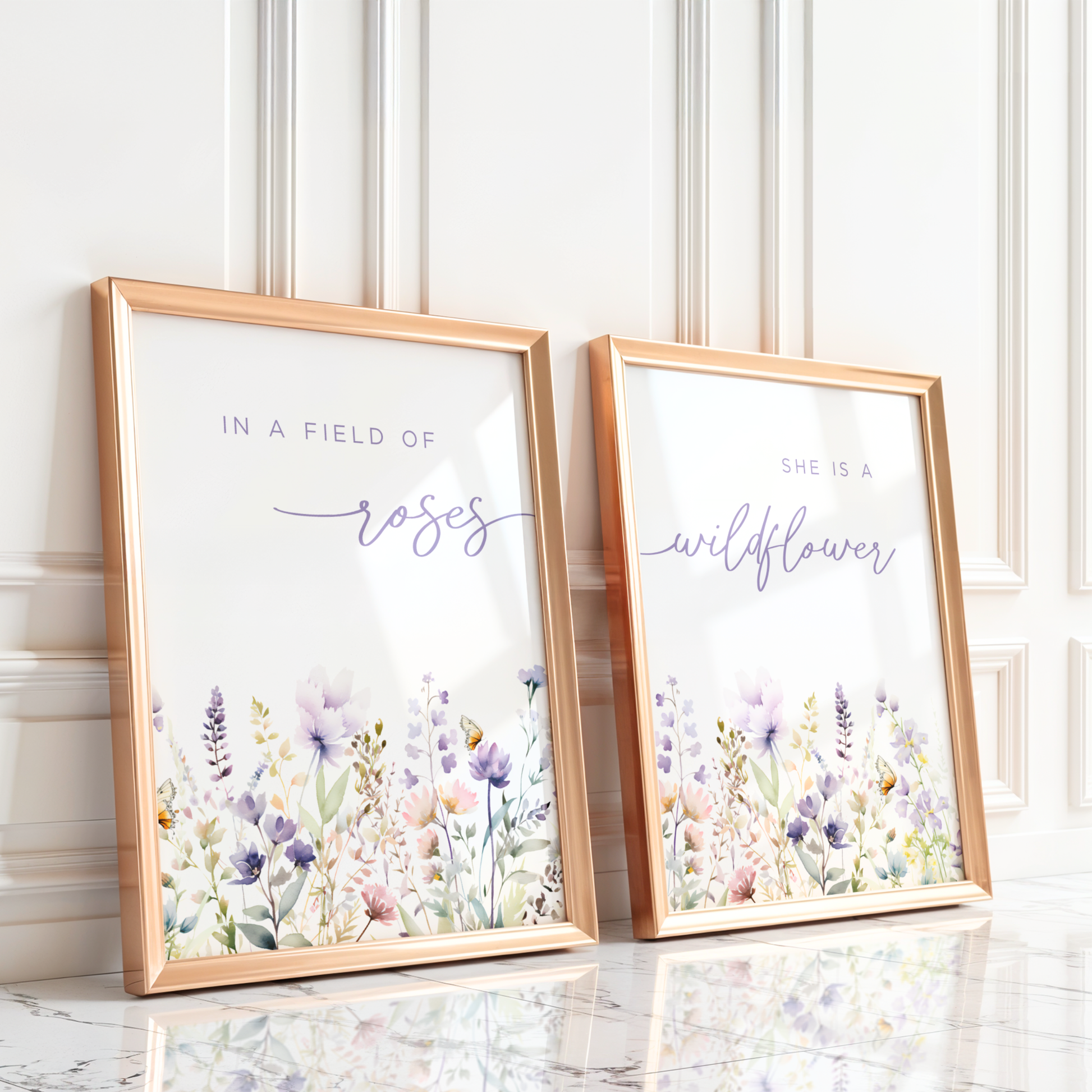 Flower nursery wall art set featuring purple flowers and a nursery quote, In a Field of Roses, She is a Wildflower. Girl nursery wall art for baby girl room.