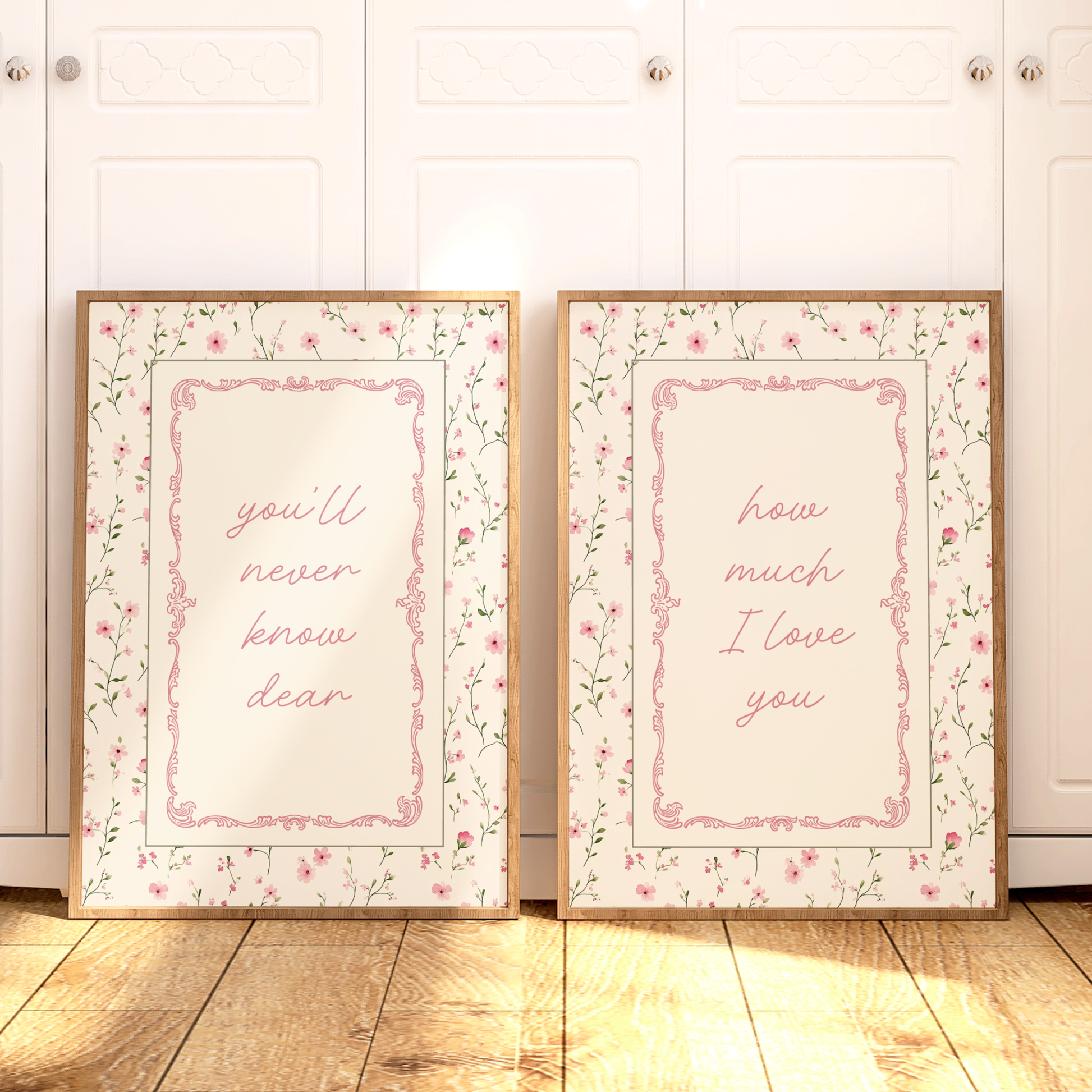 Flower nursery wall art featuring the quote, You'll Never Know Dear, How Much I Love You, and delicate pink and sage flowers. Girl nursery wall art for baby girl room.