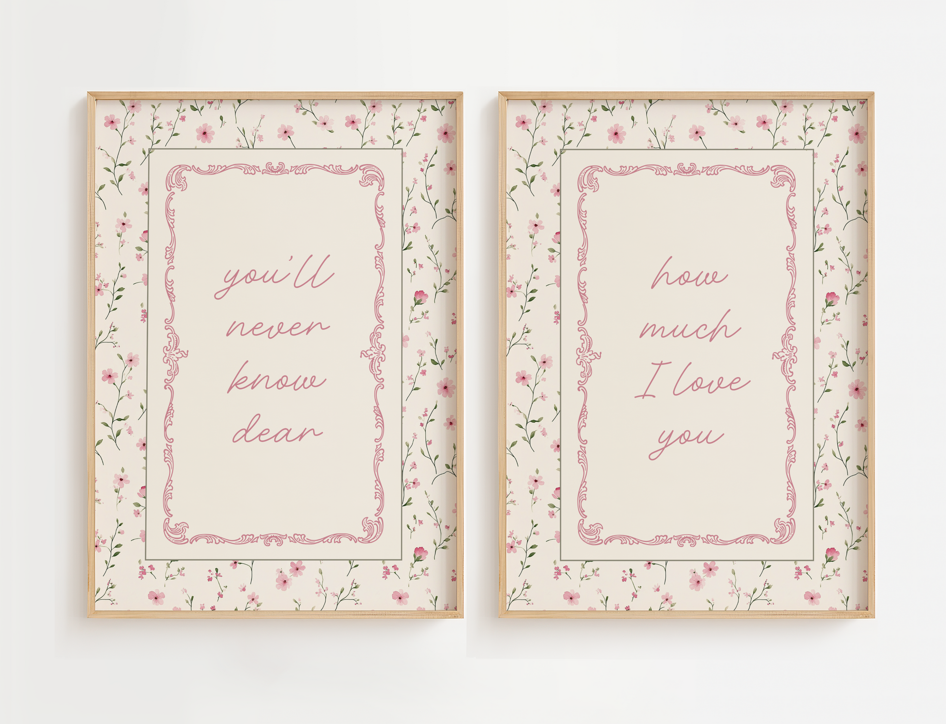 Flower nursery wall art featuring the quote, You'll Never Know Dear, How Much I Love You, and delicate pink and sage flowers. Girl nursery wall art for baby girl room.