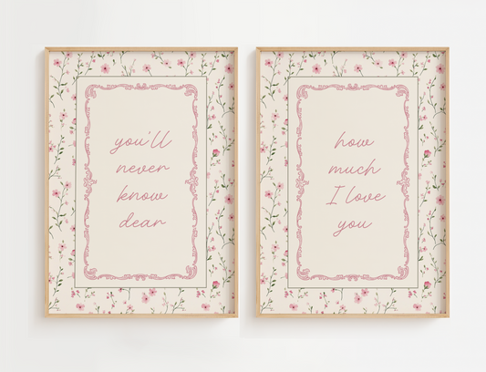 Flower nursery wall art featuring the quote, You'll Never Know Dear, How Much I Love You, and delicate pink and sage flowers. Girl nursery wall art for baby girl room.