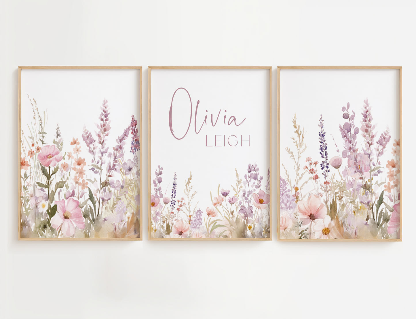Flower nursery wall art featuring purple and pink flowers and a name sign. Girl nursery wall art for baby girl room.