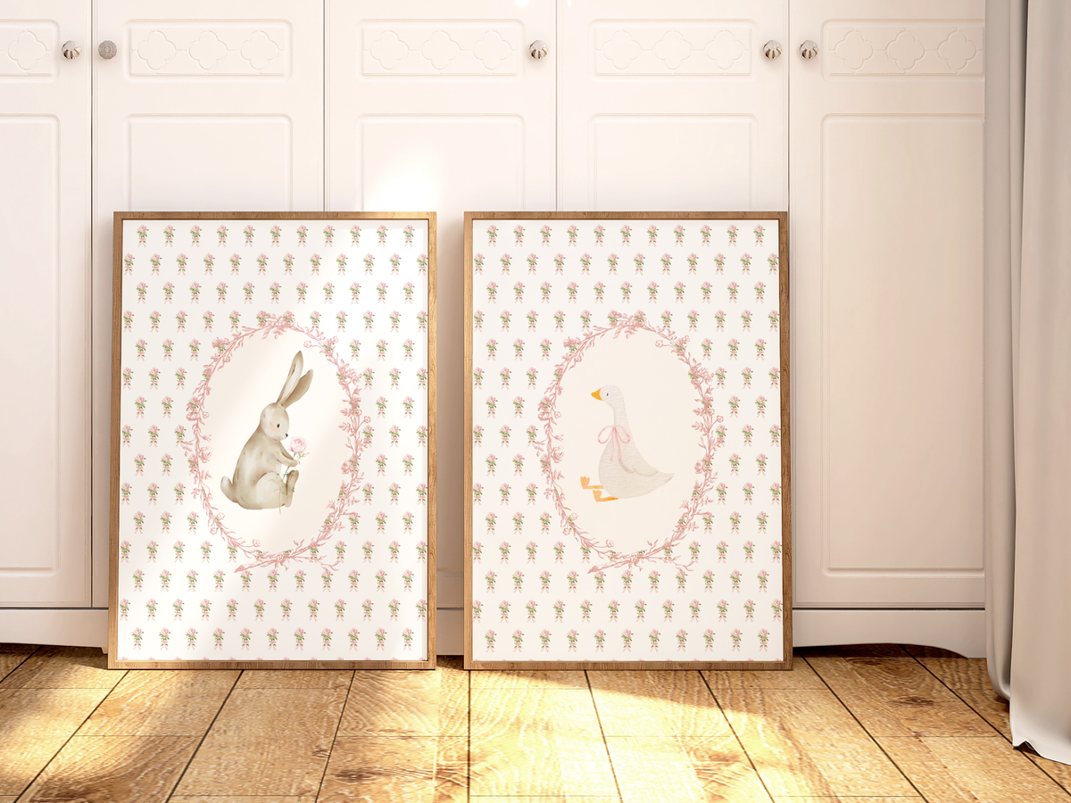 Flower nursery wall art featuring vintage bunny and goose with pink and sage flowers. Girl nursery wall art set for baby girl room.