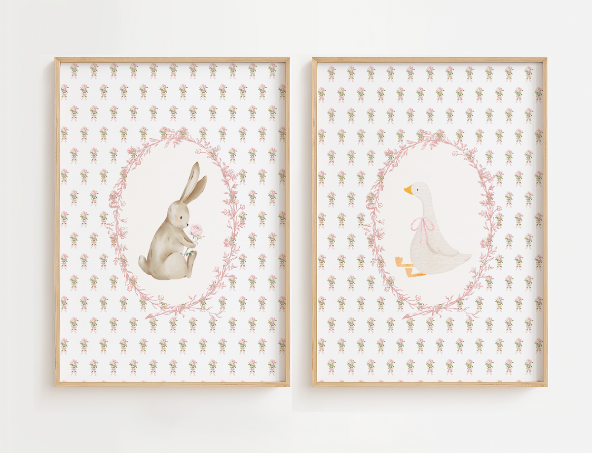 Flower nursery wall art featuring vintage bunny and goose with pink and sage flowers. Girl nursery wall art set for baby girl room.