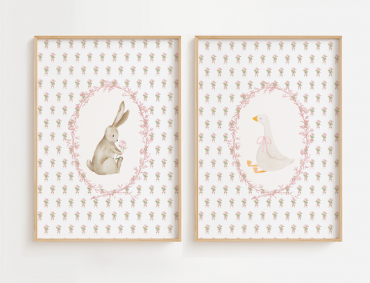 Flower nursery wall art featuring vintage bunny and goose with pink and sage flowers. Girl nursery wall art set for baby girl room.