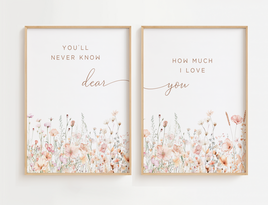 Flower nursery wall art featuring pink and sage flowers with nursery quote, You'll Never Know Dear How Much I Love You. Girl nursery wall art for baby girl room.