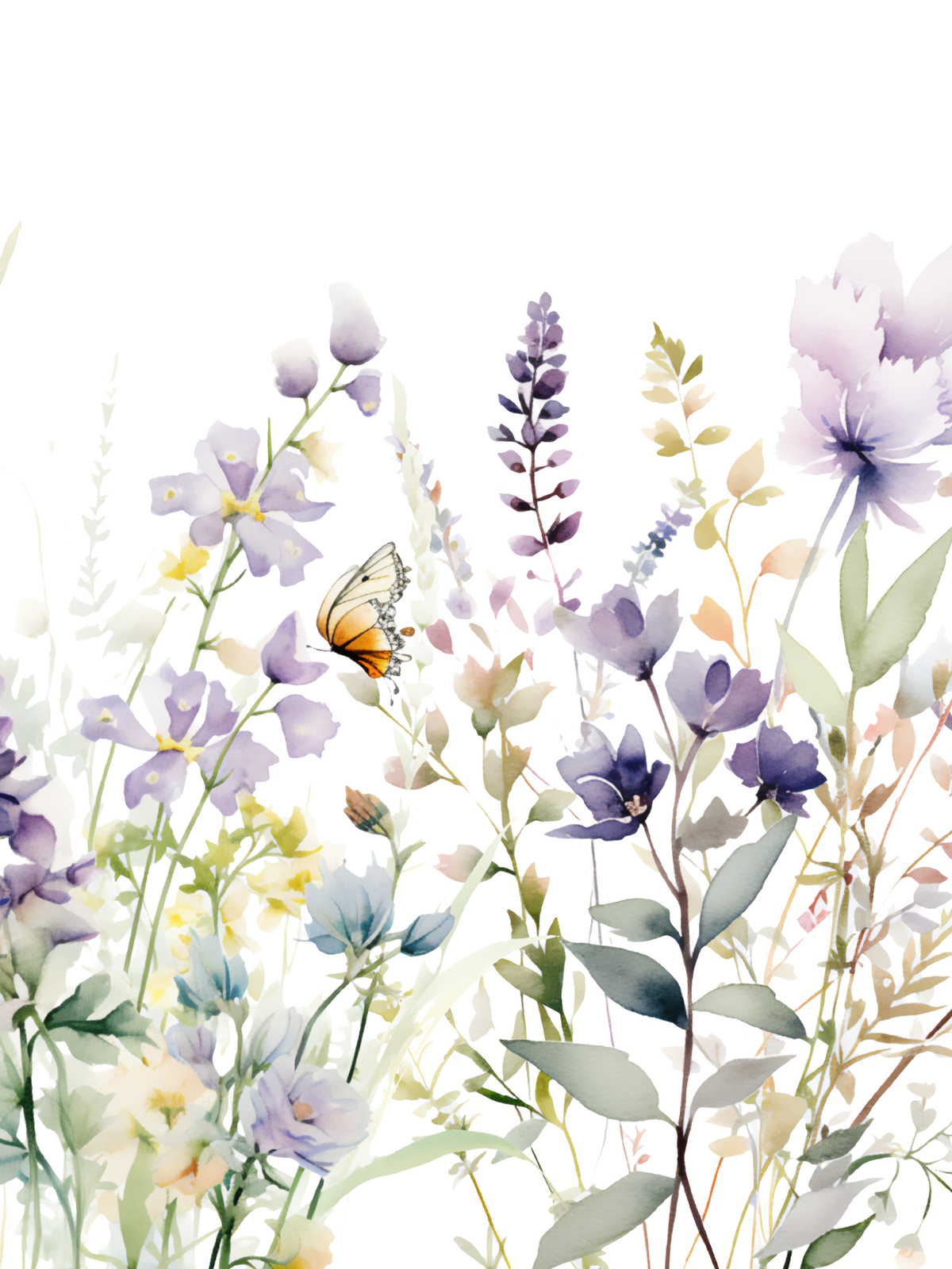 Purple flower wall art set featuring lavender and sage flowers and a butterfly. Wall art for Lavender flower wall art with sage leaves. Nursery wall decor for baby girl room or toddler room.