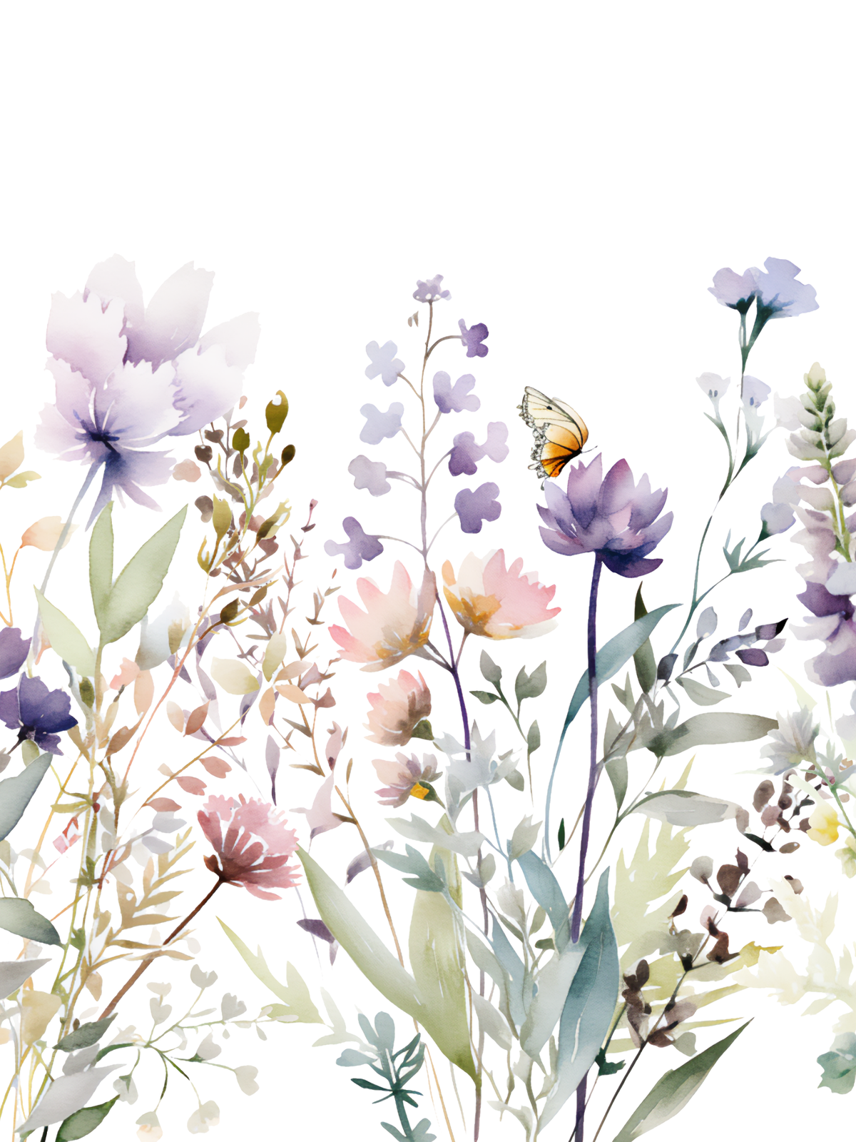 Purple flower wall art set featuring lavender and sage flowers and a butterfly. Wall art for Lavender flower wall art with sage leaves. Nursery wall decor for baby girl room or toddler room.