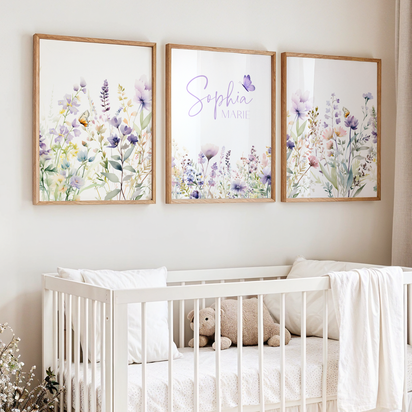 Flower nursery wall art featuring purple and sage flowers and butterflies. Girl nursery wall art for above crib.