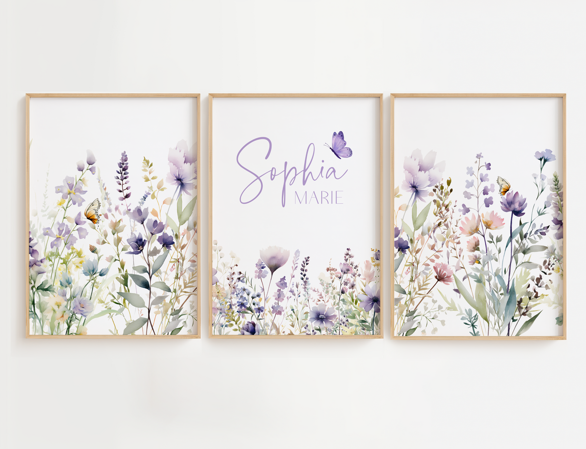 Flower nursery wall art featuring purple and lavender flowers with butterflies and girl name sign. Nursery wall decor for baby girl room or toddler room.