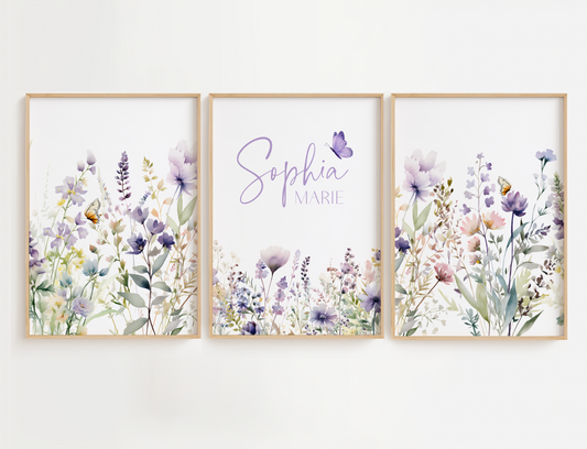 Flower nursery wall art featuring purple and lavender flowers with butterflies and girl name sign. Nursery wall decor for baby girl room or toddler room.